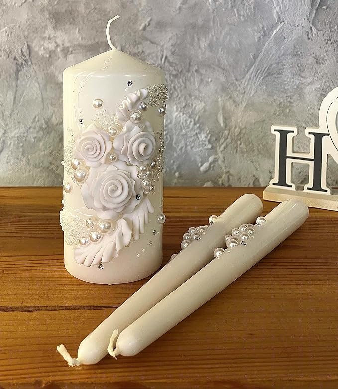 Unity Candle Set - Wedding Ceremony & Reception – 6” Pillar & Two 10” Taper Candles – Long Burning Unity Candles for Marriage Ritual – Handmade in USA – White|Florals|Classic