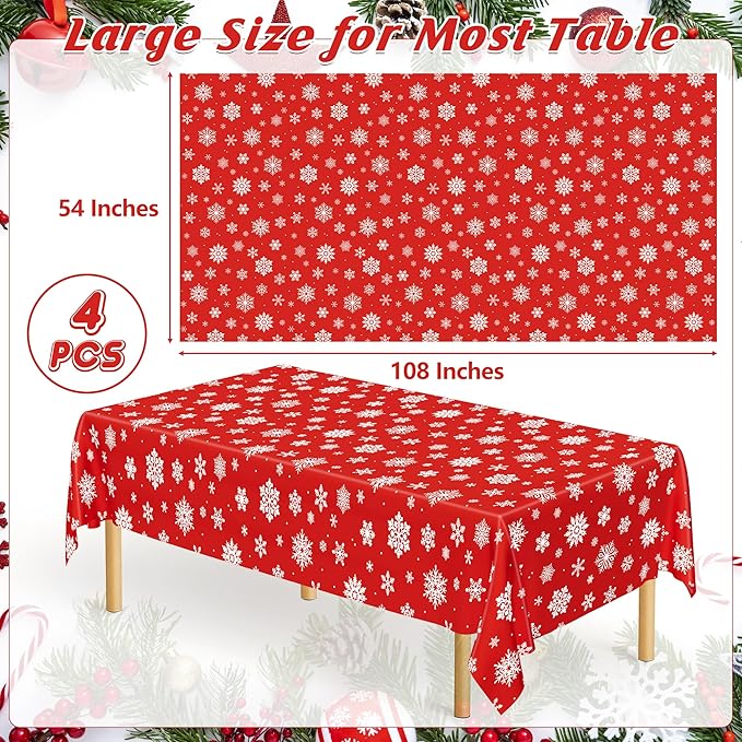4 PACK Christmas Tablecloths, 54" x 108" Holiday Party Decor, Snowflakes Tablecloth Xmas Plastic Tablecloth Disposable Table Cloth Rectangle Tablecover, Christmas Decorations Holiday Party Supplies