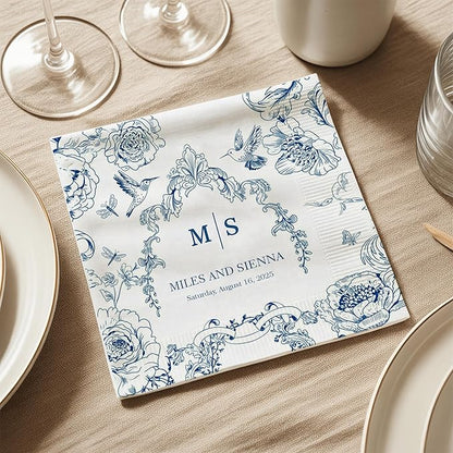 Custom Wedding Cocktail Napkins, Blue Floral Cocktail Napkins, Personalized Paper Napkin for Wedding Reception, Blue and White Flower Paper for Bridal, Engagement Party, Bridal Shower