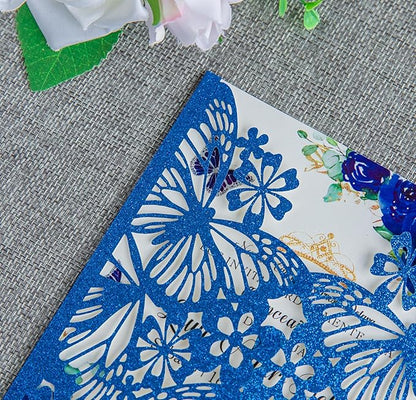 20 PCS 5.12x7.2 Butterfly Quinceanera Invitation, Laser Cut Wedding Invitation Cards with Envelopes for XV Anos Bridal Shower Baby Shower Invite (Blue Glitter)
