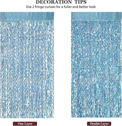4 Pack Light Blue Party Foil Curtain - CYLMFC 3.3 ft x 6.6 ft Wavy Photo Booth Backdrop Metallic Tinsel Foil Fringe Curtains Environmental Background for Birthday Wedding Party Christmas Decorations