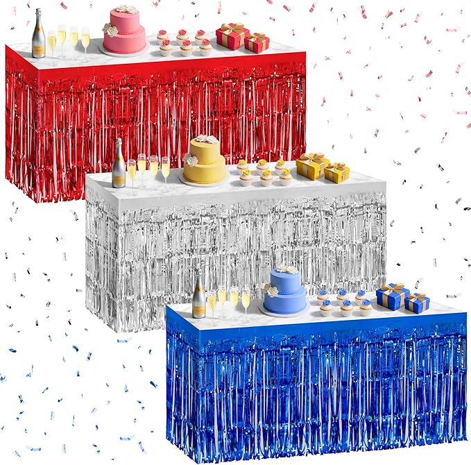 3 Pack Red Dark Blue Silver Table Skirts, 29x108" Metallic Foil Tinsel Fringe Table Skirt for Rectangle Tables Streamer Curtains Backdrop, Party Decorations for Birthdays, Weddings, Holidays