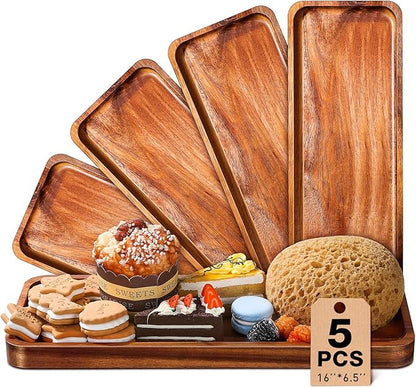 Roowest 5 Pack Solid Acacia Wood Serving Trays for Laser Engraving Rectangular Wooden Board for Food Appetizer Serving Tray Plates for Vegetables Fruit Cheese Housewarming Gifts(16 x 6.5 Inch)
