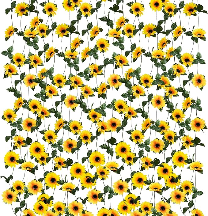 Uieke 10 Pack Artificial Sunflower Garland, 8.2ft/Pcs Silk Sunflowers with Green Leaves, Flowers Vines for Room Home Kitchen Garden Wedding Arch Bridal Baby Shower Party Outdoor Decor