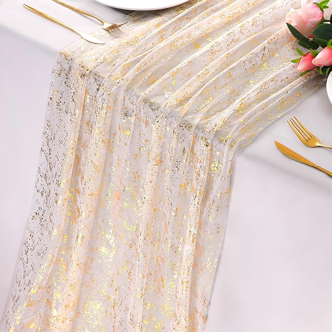 Snowkingdom 6Pcs 10 Ft Gold Table Runners, Sheer Chiffon Tulle Cheesecloth Golden Sequin Glitter Metallic Foil, Gold Party Table Decoration Centerpiece for Wedding Birthday Anniversary Christmas