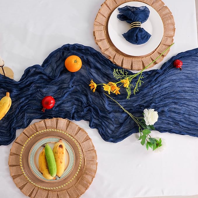 Snowkingdom 13Ft Navy Blue Cheesecloth Table Runner, 160inch Long Cheese Cloth Boho Gauze Runner for Christmas Wedding Bridal Baby Shower Birthday Holiday Party Sheer Table Decorations