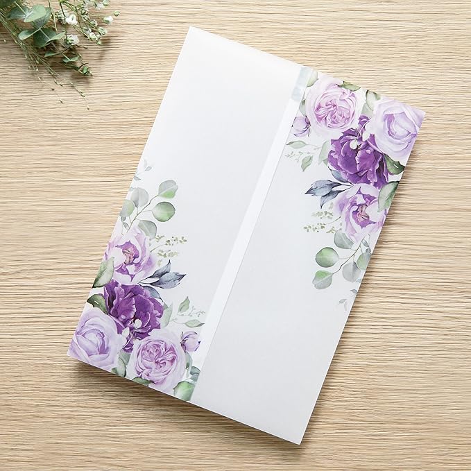 PONATIA 50 PCS Purple Vellum Jackets for 5x7 Invitation Cards- 135GSM Lilac Floral Printed Vellum Sleeves, Quinceanera Wedding Invitation Cards Wraps, Transparent Christmas Gift Cards Jackets