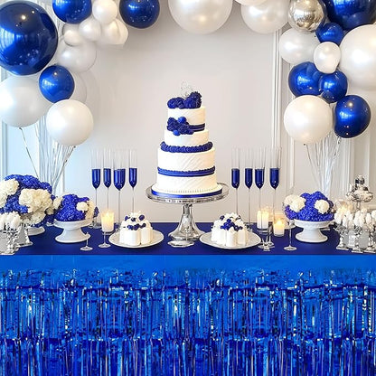 2 Pack Dark Blue Table Skirts, 29x108" Metallic Foil Tinsel Fringe Table Skirts for Rectangle Tables Streamer Curtains Backdrop, Party Decorations for Birthdays Weddings Holidays