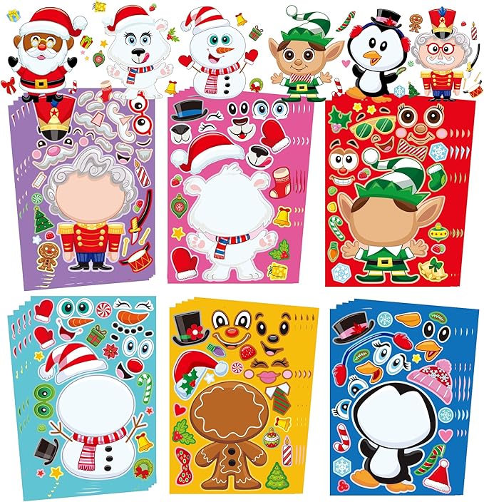 JOYIN 24 Pcs Christmas Make-a-face Stickers, Make Your Own Characters Mix and Match Sticker Sheets with Santa Claus, Snowman, Reindeer, Elf for Kids Party Favors, Holiday Presents, Class Activities