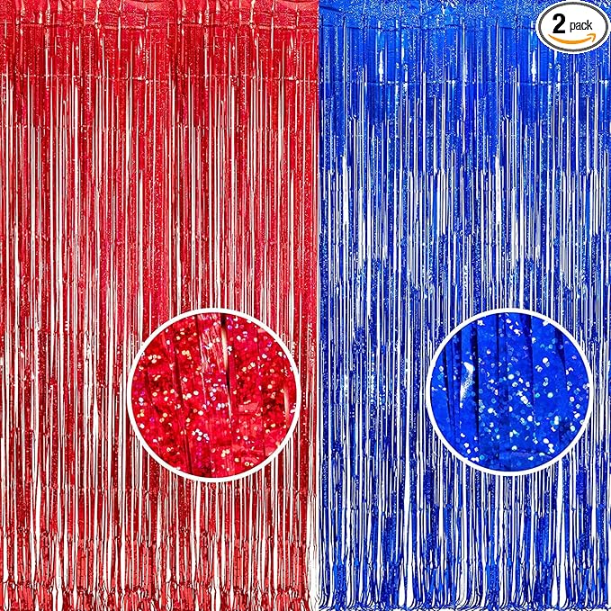 Foil Fringe Curtain 4th of July Decorations - Red Blue Metallic Tinsel Photo Booth Backdrop Party Steamers Curtains for Birthdays Christmas New Years Valentines Bachelorette Parties