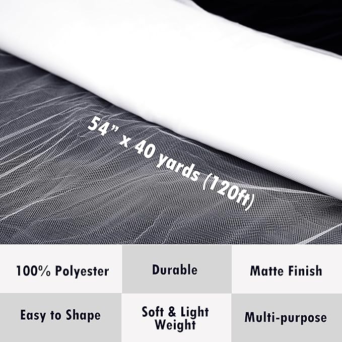 Craft And Party, White Fabric Tulle Roll 54 Inch by 40 Yards (120 ft) Fabric Tulle Bolt for Garden Netting, DIY Tutu Skirt, Wedding and Decoration (White)