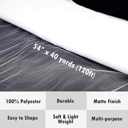 Craft And Party, White Fabric Tulle Roll 54 Inch by 40 Yards (120 ft) Fabric Tulle Bolt for Garden Netting, DIY Tutu Skirt, Wedding and Decoration (White)