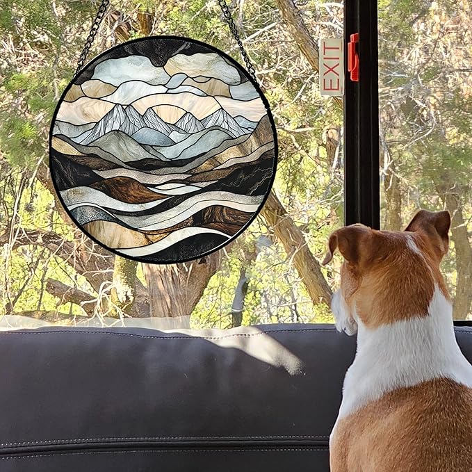 Stained Glass Window Hanging - Grey Mountains Landscape Suncatcher for Doors Garden Patio Retro Sun Catchers Decor Christmas Mother's Day Birthday Gifts for Women Men Mom Nana Friend 9.8 in