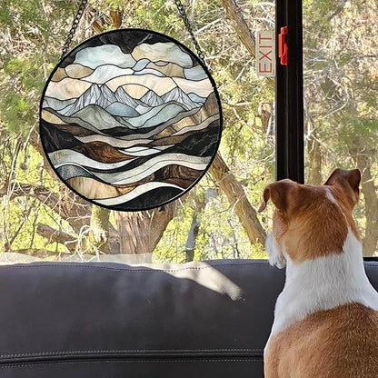 Stained Glass Window Hanging - Grey Mountains Landscape Suncatcher for Doors Garden Patio Retro Sun Catchers Decor Christmas Mother's Day Birthday Gifts for Women Men Mom Nana Friend 6.3 in