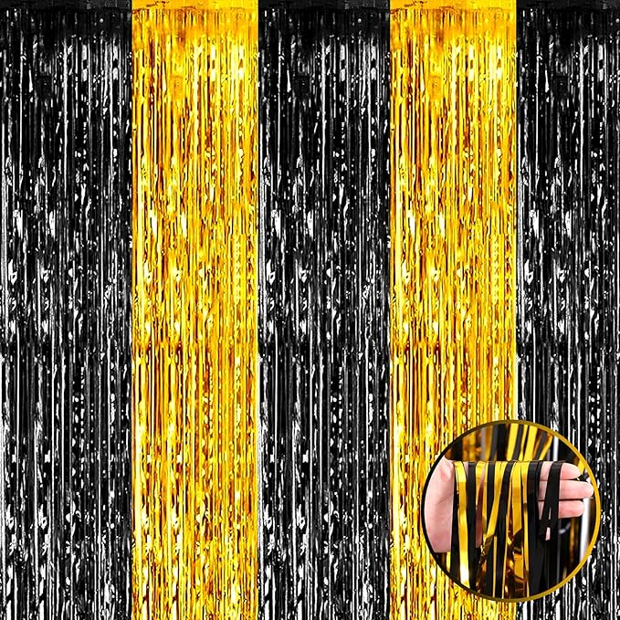 4 Pack Black Gold Foil Fringe Curtain Backdrop, 3.28Ft x 8.2Ft Metallic Tinsel Foil Fringe Streamers Curtains for Photo Booth, Wedding, Graduation, Birthday, Carnival Party Decoration