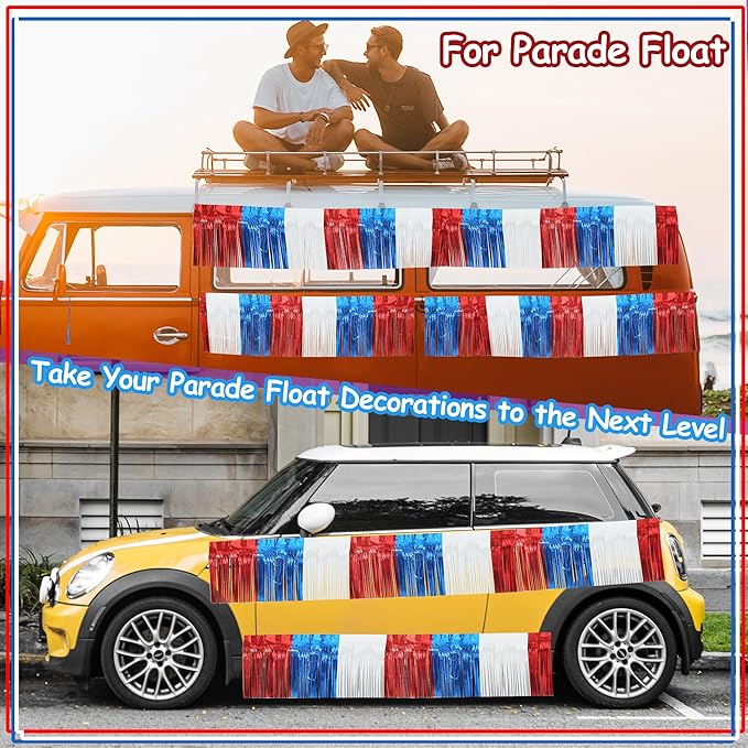 4 Pack 10 Feet Foil Fringe Garland Metallic Tinsel Streamers Banner Wall Hanging Fringe Backdrop Banner for Parade Floats Wedding Birthday Party Decoration (Royal Blue Red White)