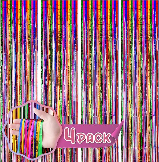 4 Pack 3.3x8.2 Feet Rainbow Foil Fringe Backdrop Curtains, Tinsel Streamers Birthday Party Decorations, Fringe Backdrop for Graduation, Baby Shower, Gender Reveal, Disco Party