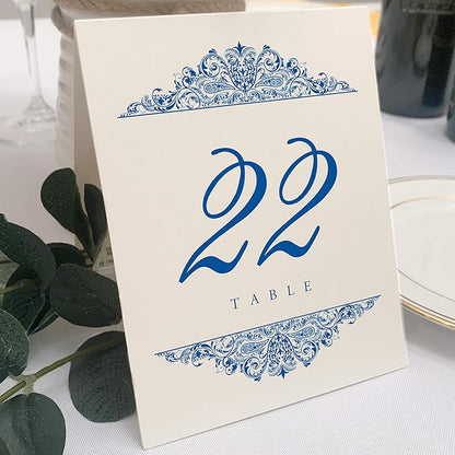 Paisley Wedding Table Numbers (Select Color/Quantity), Champagne, Royal Blue, 1-15, Double Sided, Tent or Use in a Stand, Great for Parties & Restaurants - Made in the USA