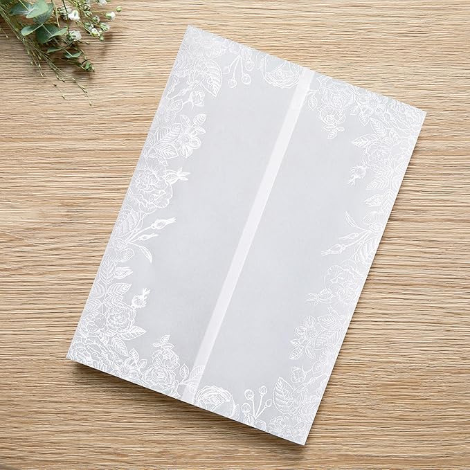PONATIA 50PCS White Vellum Jackets for 5x7 Invitation Cards- 135GSM White Foil Print Flowers Sleeves, Vellum Paper 5x7 Wraps - Transparent Christmas Gift Cards Jackets