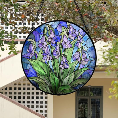 Stained Glass Suncatcher, Blue Purple Flowers Green Leaves Sun Catcher Plants Stain Glass Window Hanging Decoration Mother's Day Birthday Gifts for Women Men Mom and Nana 11.8 in