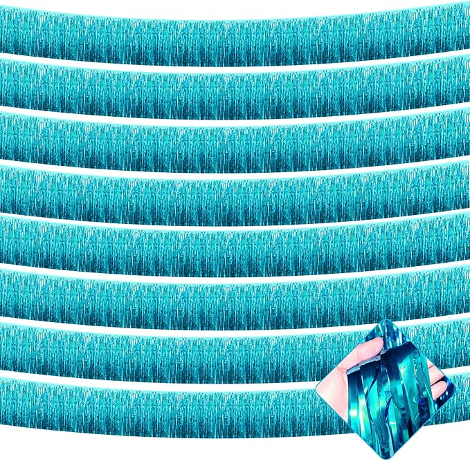 10 Pack 10 Feet Foil Fringe Garland Metallic Tinsel Streamers Banner Wall Hanging Curtain Backdrop for Parade Floats, Bachelorette, Wedding, Birthday, Halloween, Christmas Party Decorations(Lake Blue)