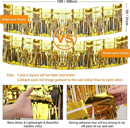 4 Pack Iridescent Float Fringe Curtains, Metallic Foil Fringe Garland Shiny Tassel Foil Float Parade Float Decorations for Trailer Car Graduation Homecoming Outdoor Indoor Party (Gold)