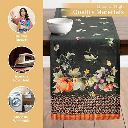 Maison d' Hermine Table runner 100% Cotton Single Layer Table Runners 72 inches long for Thanksgiving Christmas Decorations Home Kitchen Dining Party Wedding (Pumpkin Garden - Dark Green, 14.5" x 72")