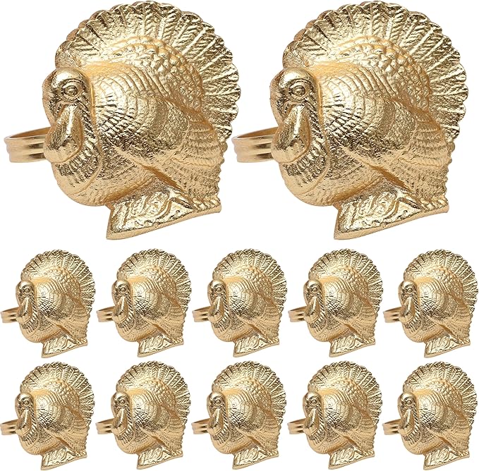 Gold Napkin Rings Set of 12 - Turkey Bird Stylish Metal Lightweight Serviette Holders for Elegant Table Settings | Perfect for Dinner Parties, Holidays, Weddings & Everyday Use - ALPHA Living HOME