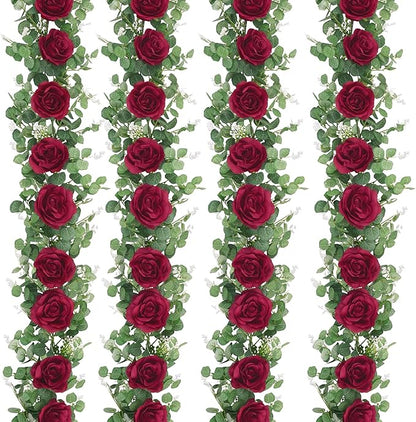 Dolicer 4Pcs 26Ft Artificial Eucalyptus Garlands with Flowers - 8 Roses, Faux Floral Greenery Garlands Fake Flowers Vines for Wedding Table Centerpieces Arch Party Ceremony Backdrop Decor (Red)