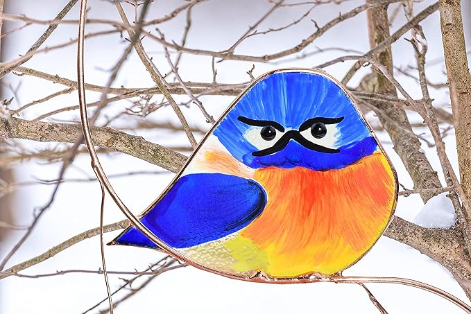 Lolitarcrafts Grumpy Owl Stained Glass Suncatcher Bluebird Stained Window Painting Bird Hanging