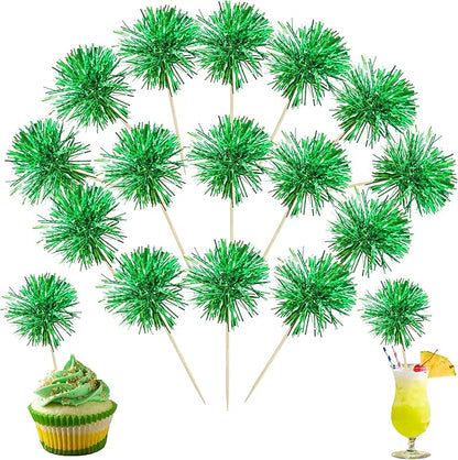 Ephlyn 30Pcs Foil Firework Cupcake Toppers Party Birthday Cake Toppers Supplies Sparkle Tinsel Cocktail Fruit Toothpick for Birthday Wedding Graduation Party Supplies Green