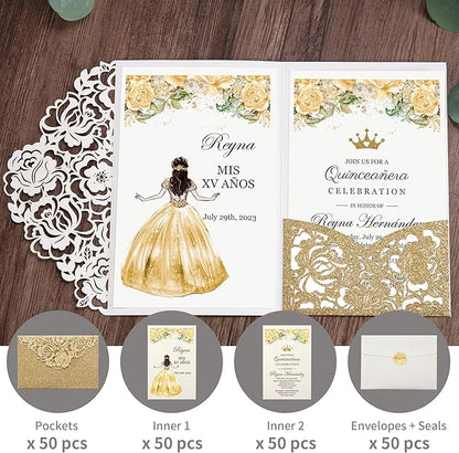 DORIS HOME 50pcs Laser Cut Quinceanera Invitations Gold Glitter, 4.7x7.1 Personalized Quince Invitations for 15th Birthday, Invitation cards for Sweet 16 with Envelopes