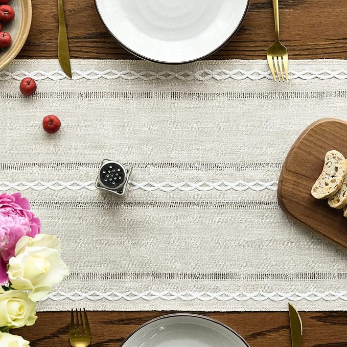 Artoid Mode Beige Rustic Cotton Linen Table Runner, Seasonal Embroidered Hollow Kitchen Dining Table Decoration for Home Party Decor 13x60 Inch