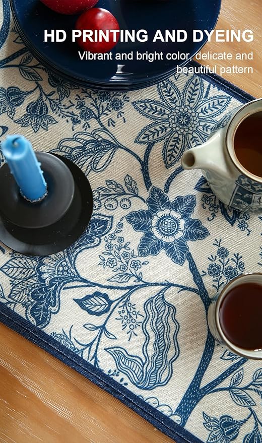 ISAENNE Designer Chinoiserie Elegant Linen Extra Long Table Runner 118 Inches,Blue Floral Pattern Decor Table Runners for Thanksgiving,Dining Room,Banquet,Kitchen Tables,Christmas,12"*118"-Ruyi B