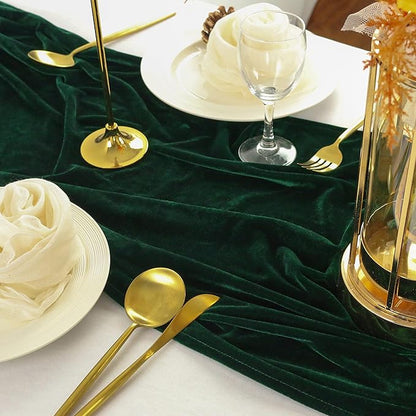 Emerald Green Velvet Table Runner, Luxurious Wedding Table Runner Decorations, 20 x 120 inch 10ft Velvet Fabric Table Linen Overlay for Party