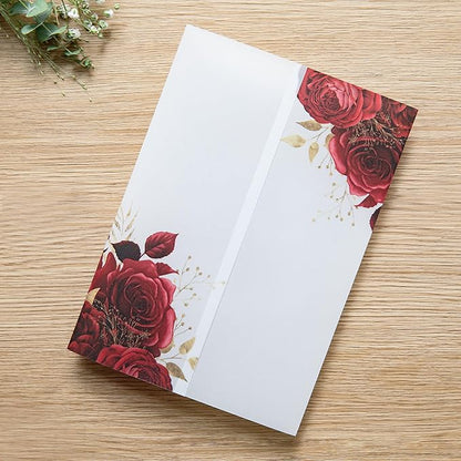 PONATIA 50 Pieces Vellum Jackets for 5x7 Invitation Cards - Red Flowers Printed Vellum Sleeves, Quinceanera Wedding Invitation Cards Wraps, Transparent Christmas Gift Cards Jackets