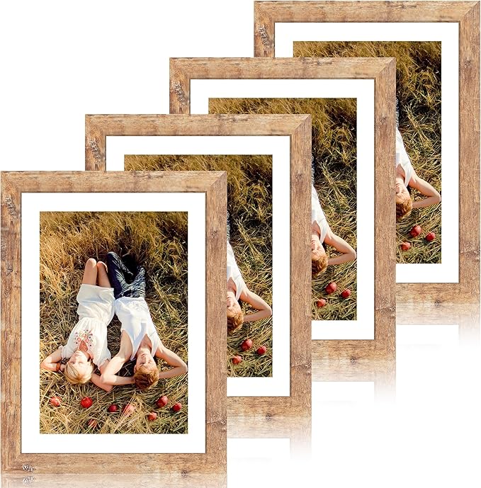 10x14 Picture Frame Set of 4 with Tempered Glass, Rustic Brown Frame Display 8x12 Pictures with Mat or 10 x 14 Without Mat, Wooden Photo Frames for Wall Mounting