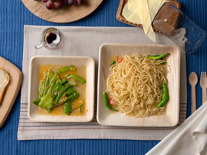 Luxe Designs Palm Leaf Plates - Eco-Friendly Alternative to Bamboo & Plastic - Heavy-Duty Compostable & Biodegradable Party Plates - Microwave & Oven Safe Dinnerware - 50 10"x25 & 8"x25 with Utensils