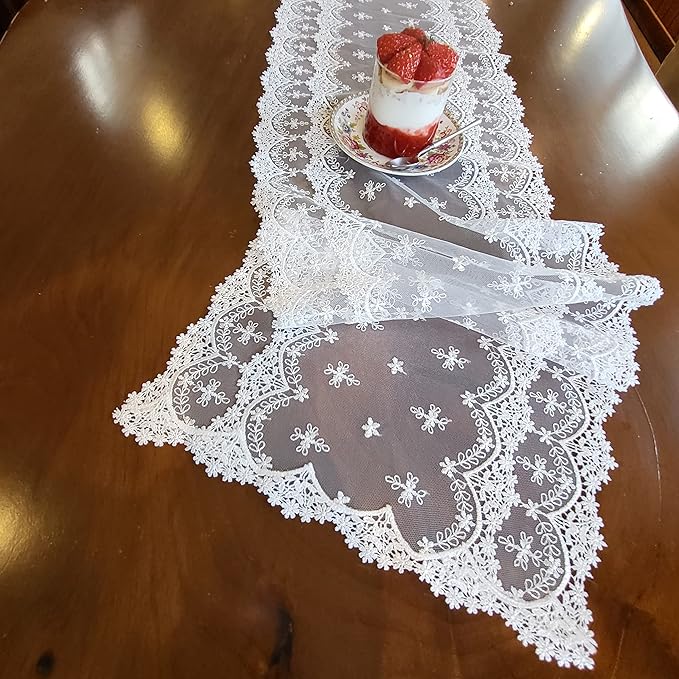 Inicia Table Lace Runner 12×86 inch Embroidered for Holiday Wedding Picnic Daily Dinner Tables White Decor (Polyester, 12"×86" (31cm×220cm))