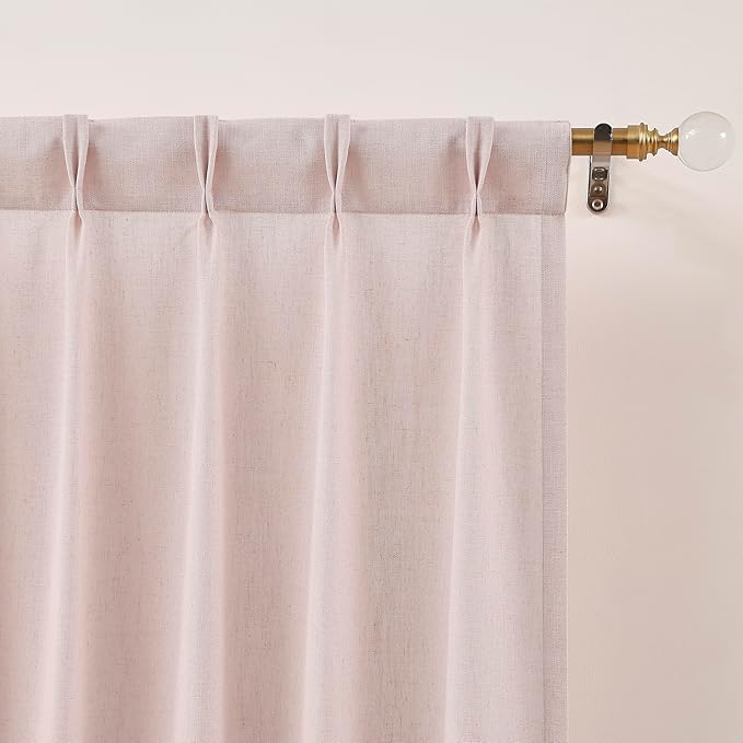 Vision Home Soft Pink Pinch Pleated Semi Sheer Curtains Textured Linen Blended Light Filtering Window Curtains 90 inch for Living Room Bedroom Pinch Pleat Drapes with Hooks 2 Panels 40" Wx90 L