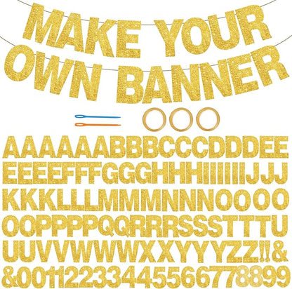 BEISHIDA 116 PCS A-Z Glitter Gold DIY Letter Banner Kit Make Your Own Banner，Including 111 Letters and Numbers 3 Rope and 2 Threading Device,Customized for Birthday Graduation Wedding Party Decor