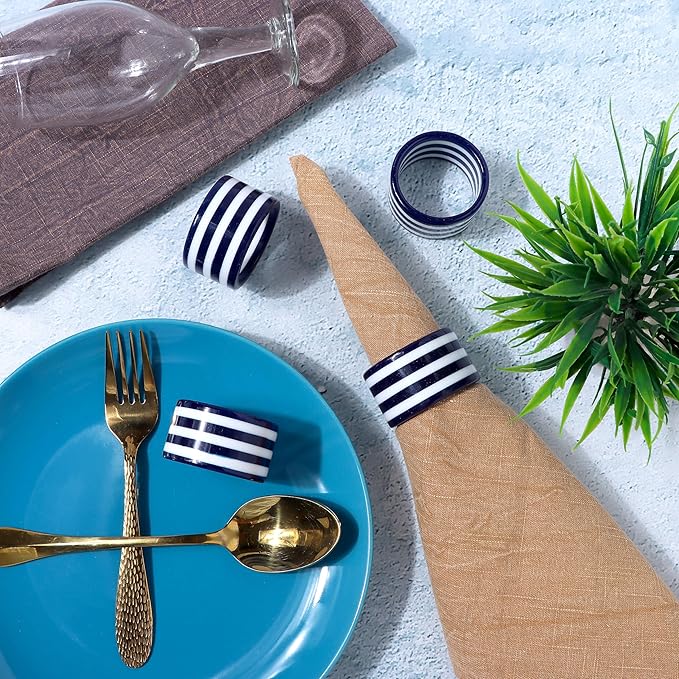 Set of 12 Epoxy Napkin Rings – Elegant Navy Blue & White Napkin Holders for Table Decor, Parties, Weddings & Dining - Modern Round Serviette Rings for Home & Holiday Celebrations - CLEENTABLE