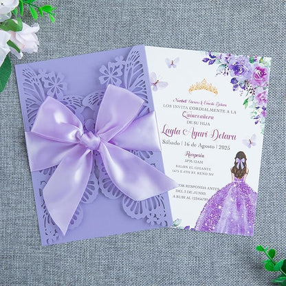 20 PCS 5.12x7.2 Butterfly Quinceanera Invitation Cards, Laser Cut Wedding 5x7 Invitation Cards with Envelopes for XV Anos Bridal Shower Baby Shower Invite (Violet)