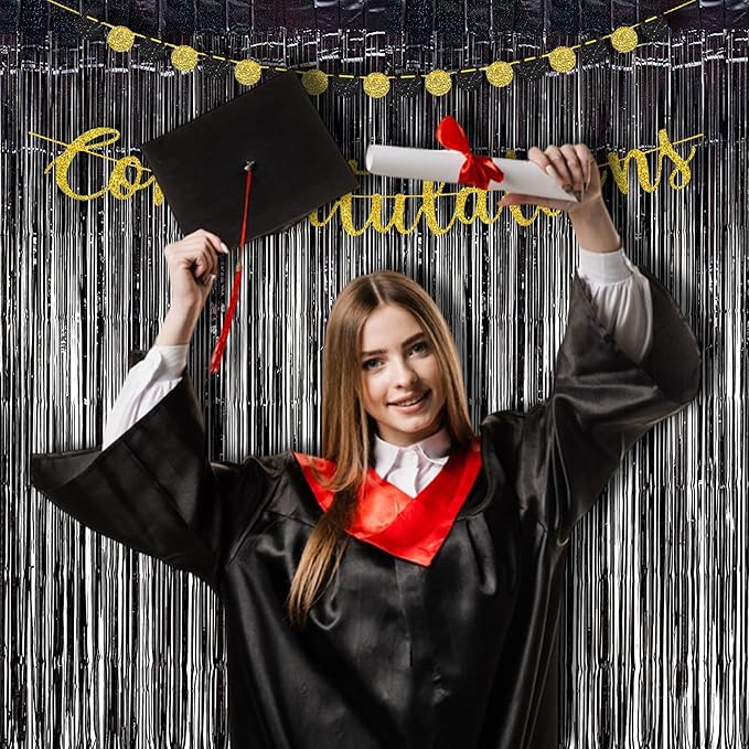 BRAVESHINE Black Halloweens Party Foil Fringe Curtains - 2 Pack Metallic Tinsel Photo Booth Streamers Backdrop for Birthdays, Stranger Theme, Music, Prom, Christmas Party Decorations