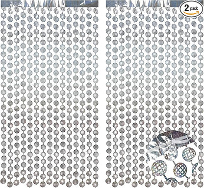 BRAVESHINE Hanging Balls Party Streamers Backdrop - 2 Pack Silver Tinsel Foil Curtain Photo Fringe Backdrop for 70s 80s Party, Birthdays, Bachelorette, Engagement, Music, Dance,New Years Decorations