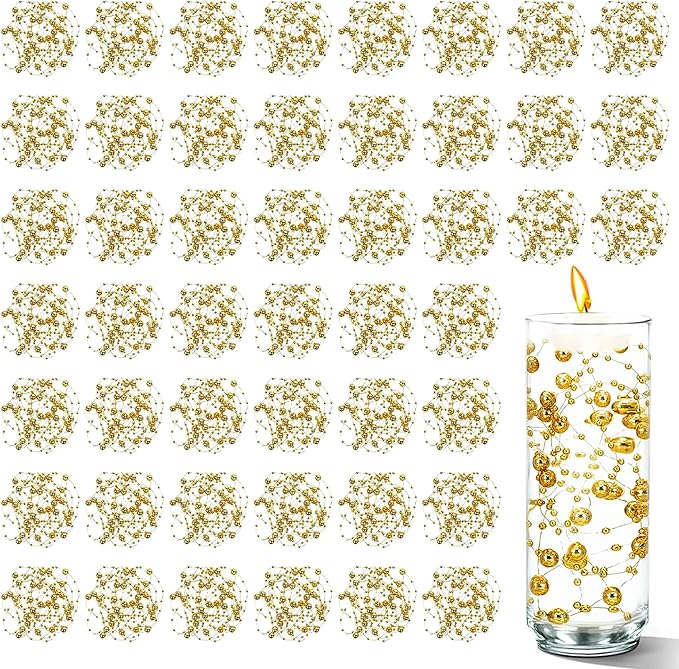 50 PCS Artificial Floating Beads for Centerpieces Vases, Gold 8+3mm String Beads for Wedding Party Faux Pearl String for Decorating, String Pearls for Crafts Vase Filler