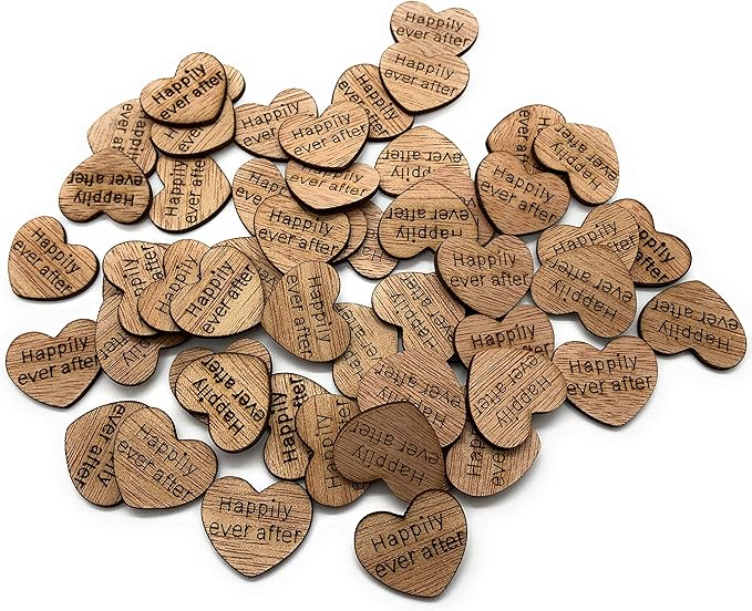 Wooden Heart Confetti ~ Happily Ever After ~ Wood Hearts, Wood Confetti Engraved Love Hearts- Rustic Wedding Decor (100 count)