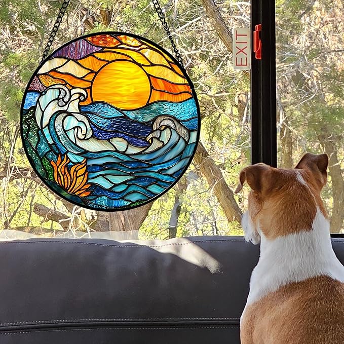 Stained Glass Window Hanging, Orange Sun Blue Sea Waves Landscape Suncatcher for Doors Window Home Sun Catchers Decor Mother's Day Birthday Gifts for Women, Men Mom 9.8 in