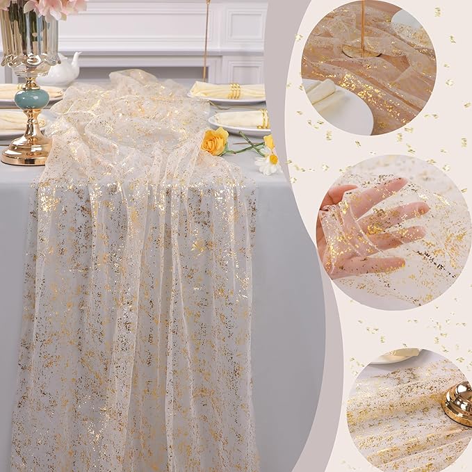 Snowkingdom 6Pcs 10 Ft Gold Table Runners, Sheer Chiffon Tulle Cheesecloth Golden Sequin Glitter Metallic Foil, Gold Party Table Decoration Centerpiece for Wedding Birthday Anniversary Christmas