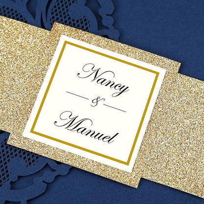 DORIS HOME 50PCS Laser Cut Wedding Invitations with Envelopes and RSVP Cards Personalized Inner With Gold Glitter Belly Band for Wedding Engagement Bridal Shower Party Invite 4.7x7 Inch Navy Blue